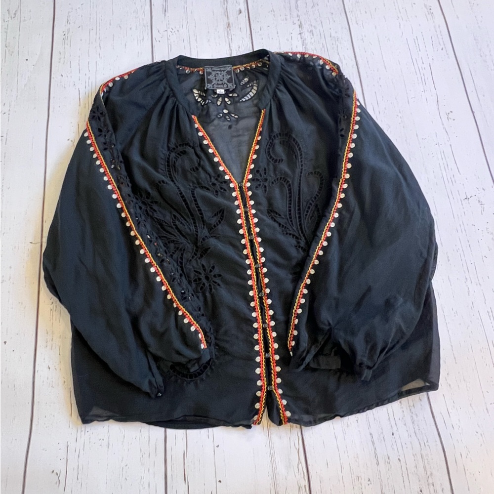 Johnny Was Jade Blouse Size L Black with muilticolored stitching